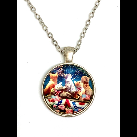 Cats Watching Fireworks Glass Dome Cabochon Pendant Chain Necklace 4th of July - Picture 1 of 2